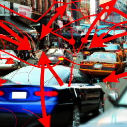 An image showcasing a bustling NYC street, with a damaged car in the foreground, surrounded by a network of arrows, indicating the complex auto collision repair process
